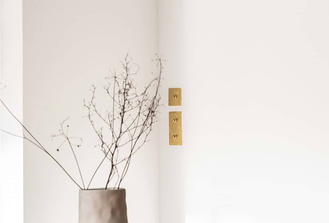 A minimalist interior featuring three brass wall switches beside a dried plant in a simple vase on a white wall.