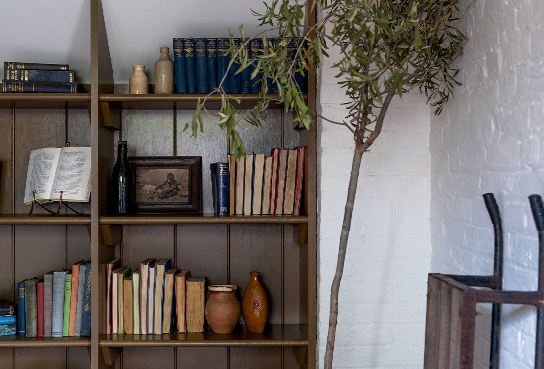 A cozy bookshelf filled with vintage books, a framed picture, pottery, and a potted plant against a rustic wall.