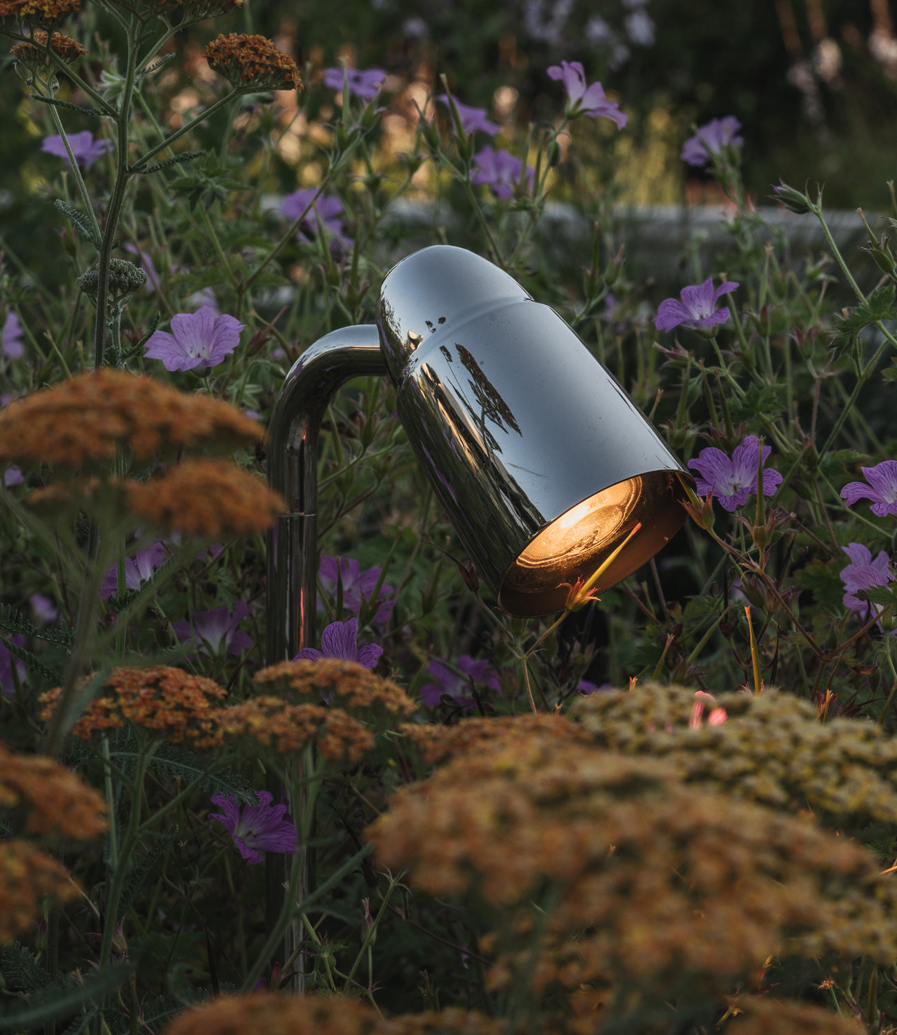 A sleek silver lamp illuminates a colorful flower garden filled with purple and orange blooms.