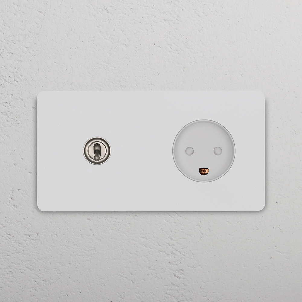 Grove Double Toggle Switch + Danish Type K Power Module - Paintable Satin Nickel White