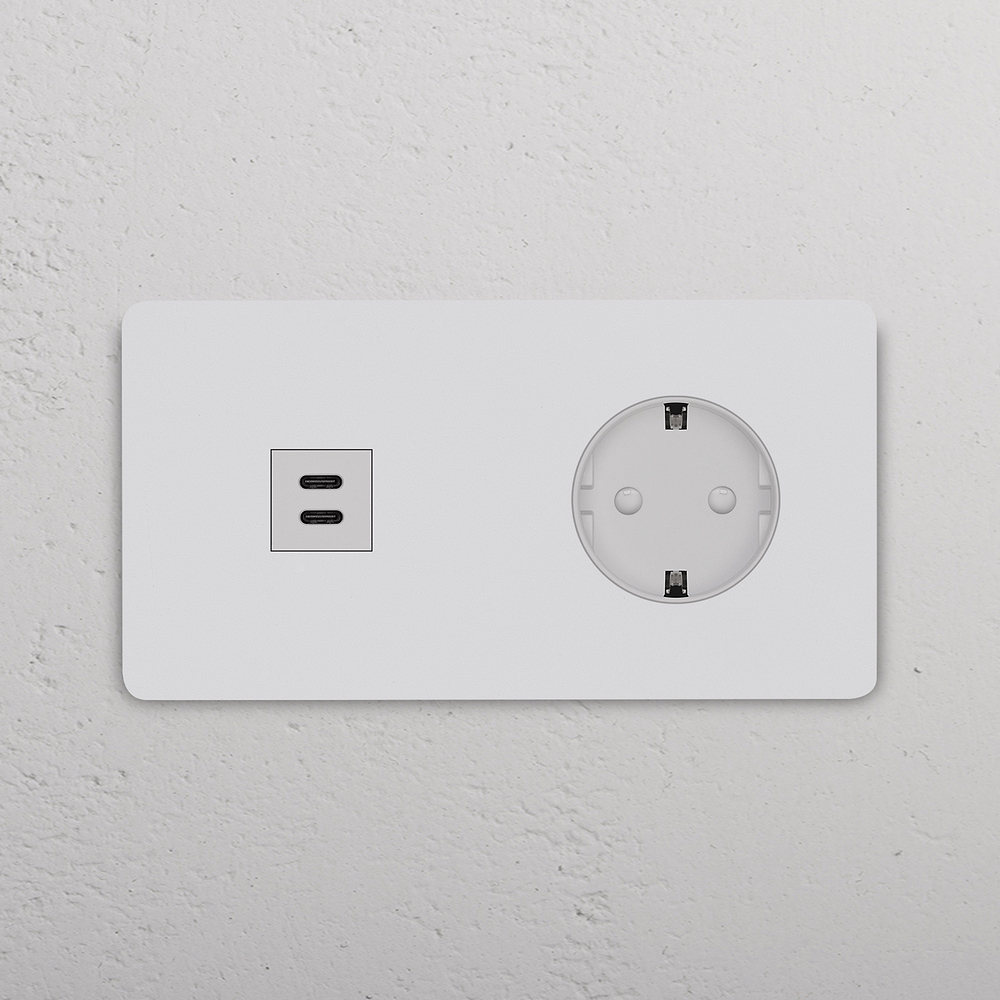 Grove USB-C-Anschluss (30 W) + SchuKo-Steckdoseneinsatz (Typ F) je 1x in Zweifachrahmen – Lackierbar | Weiss