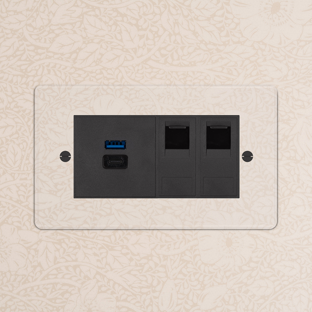 Double 2x CAT6 & USB-A+C Fast Charge Socket - Clear | Black