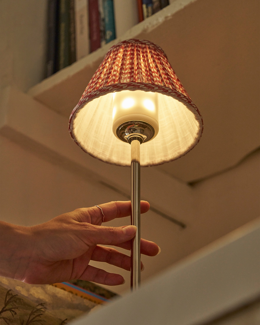 Cotswold Rechargeable Table Lamp Pleated Terracotta Red – Polished Nickel