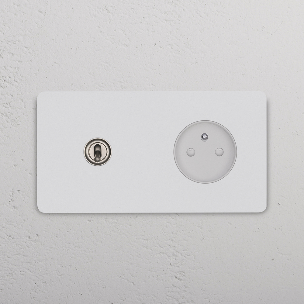 Grove Double Toggle Switch + French/Belgian Type E Power Module - Paintable Satin Nickel White