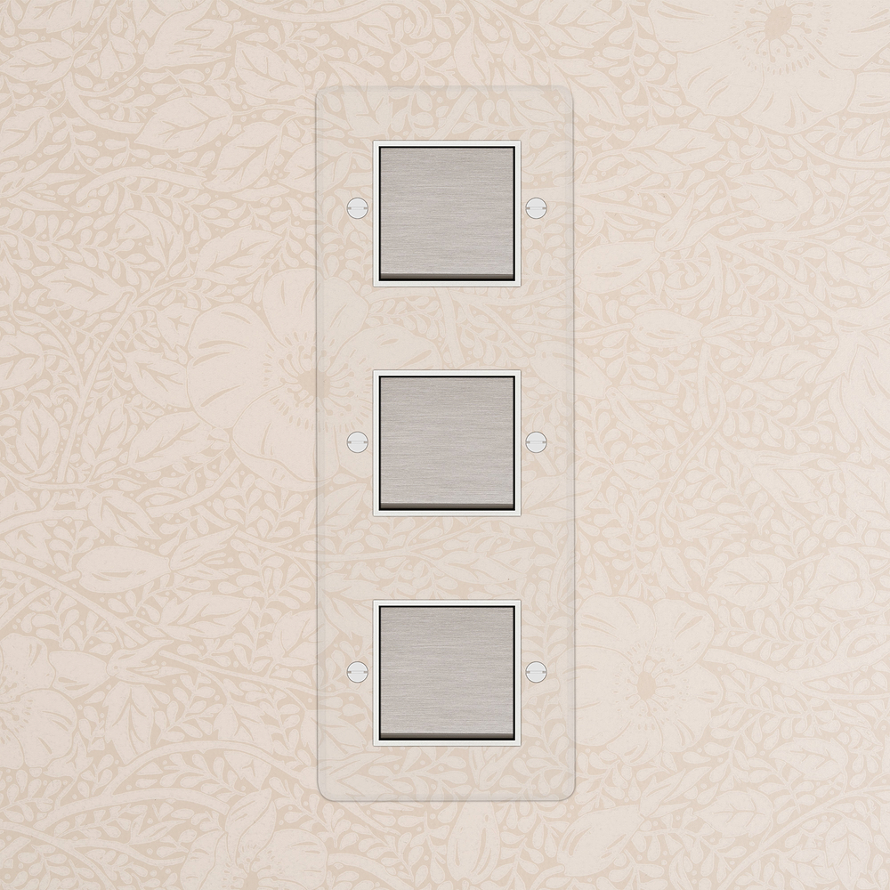 Kew Interrupteur Carré Vertical x3 (Plaque Triple) – Nickel Poli à Transparence | Blanc