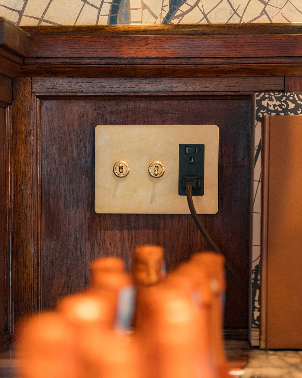Grove 3G 2x Toggle Switch & Outlet - Antique Brass Black