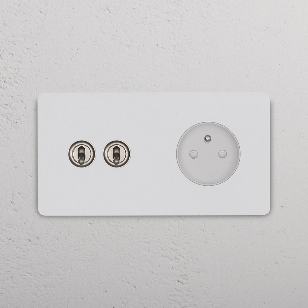 Grove Interrupteur à Levier x2 (Plaque Double) & Prise France/Belgique Type E – Nickel Satiné à Peindre | Blanc