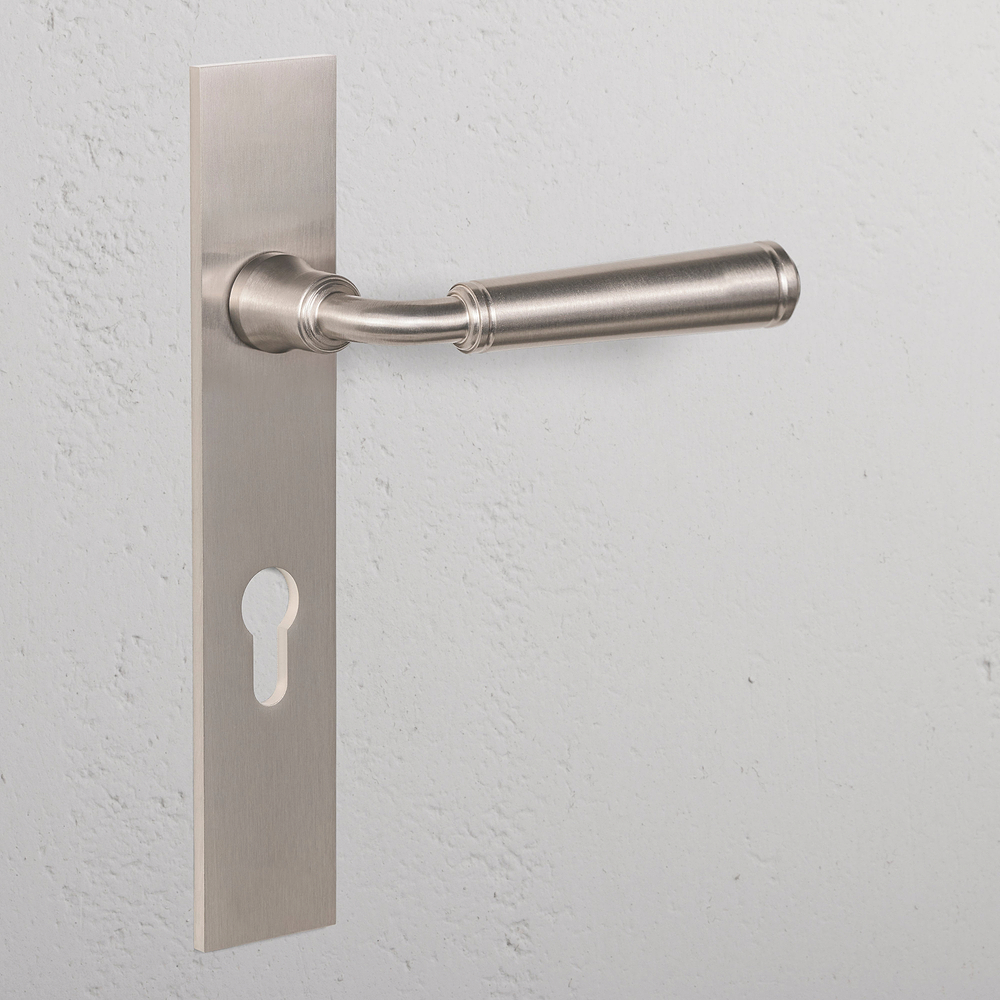 Digby Long Plate Sprung Door Handle & Euro Lock – Satin Nickel