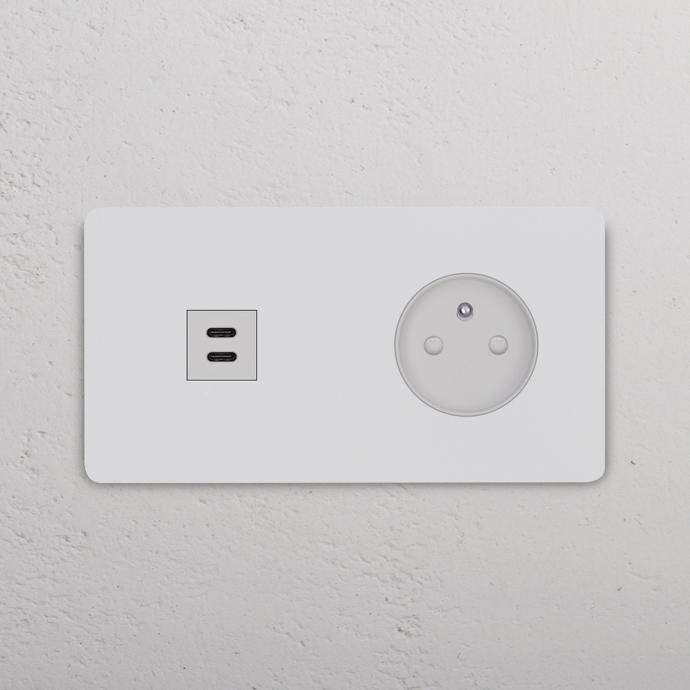 Grove USB-C-Anschluss (30 W) + Französischer/Belgischer Steckdoseneinsatz (Typ E) je 1x in Zweifachrahmen – Lackierbar | Weiss