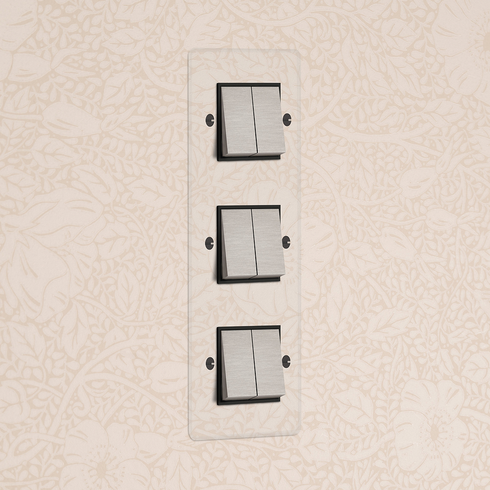 Kew Interrupteur Carré Vertical x6 (Plaque Triple) – Nickel Satiné à Transparence | Noir