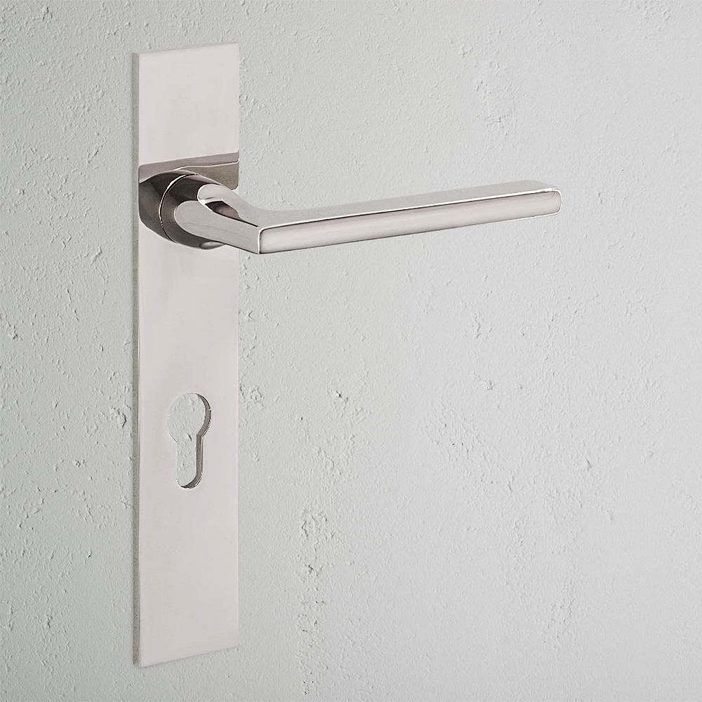 Clayton Long Plate Sprung Door Handle & Euro Lock - Polished Nickel