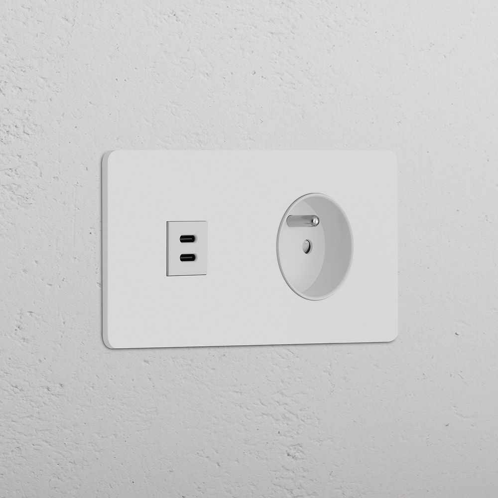 Grove USB-C-Anschluss (30 W) + Französischer/Belgischer Steckdoseneinsatz (Typ E) je 1x in Zweifachrahmen – Lackierbar | Weiss