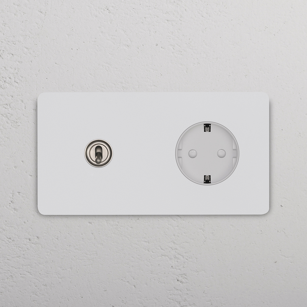 Grove Dubbele tuimelschakelaar & Schuko-stopcontact type F – Beschilderbaar satijnnikkel | Wit