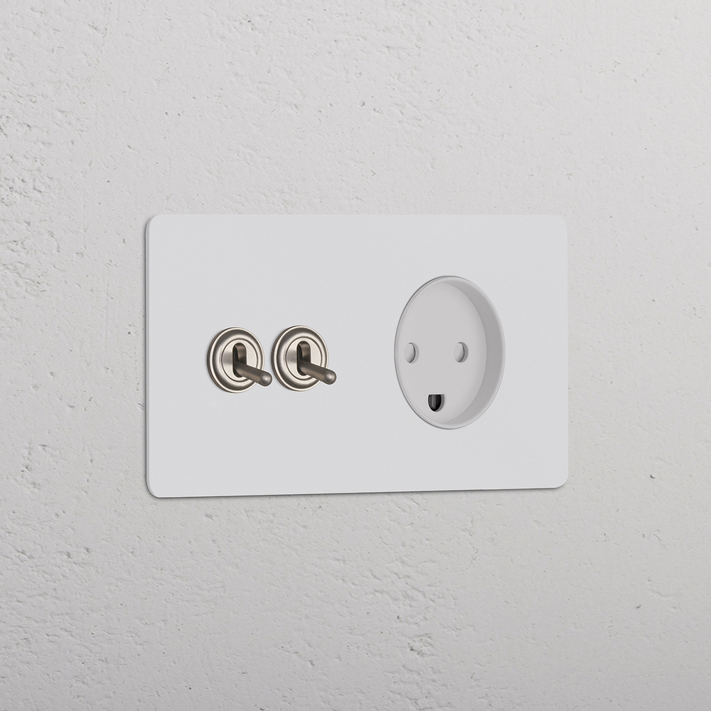 Double 2x Toggle Switch + Danish Type K Power Module - Satin Nickel White - Paintable