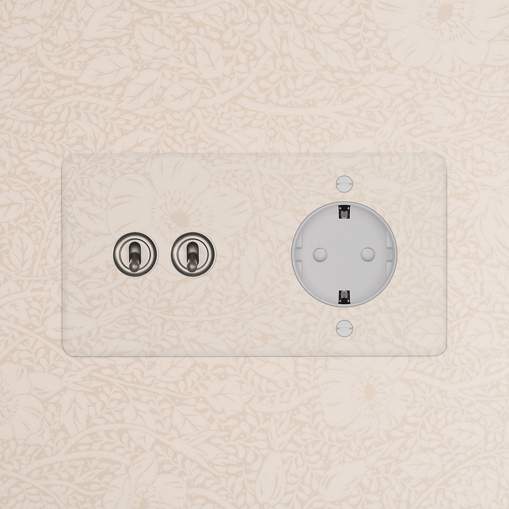 Kew Interrupteur à Levier x2 & Prise Schuko Type F (Plaque Double) – Nickel Poli à Transparence | Blanc