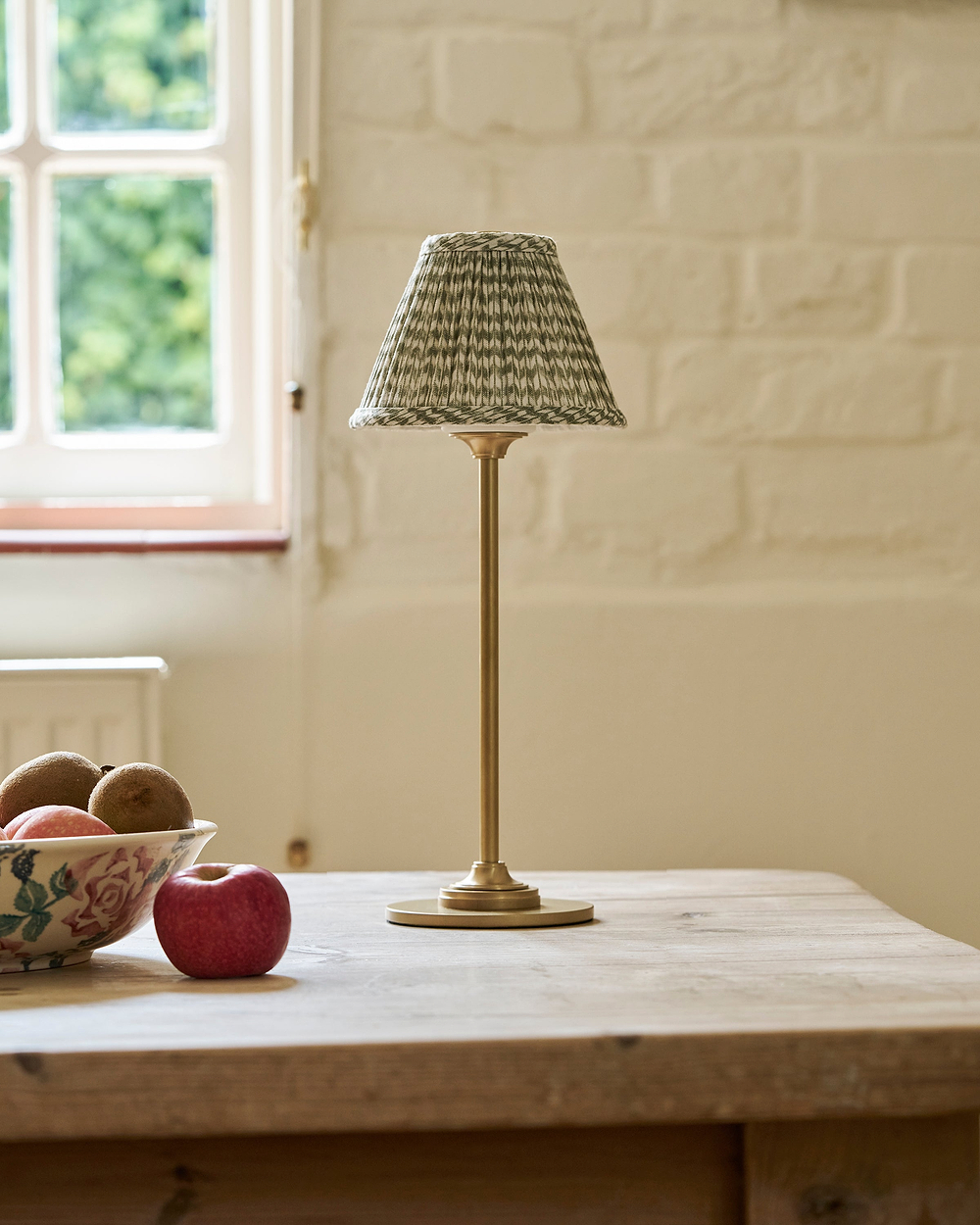 Cotswold Rechargeable Table Lamp Pleated Moss Green – Antique Brass
