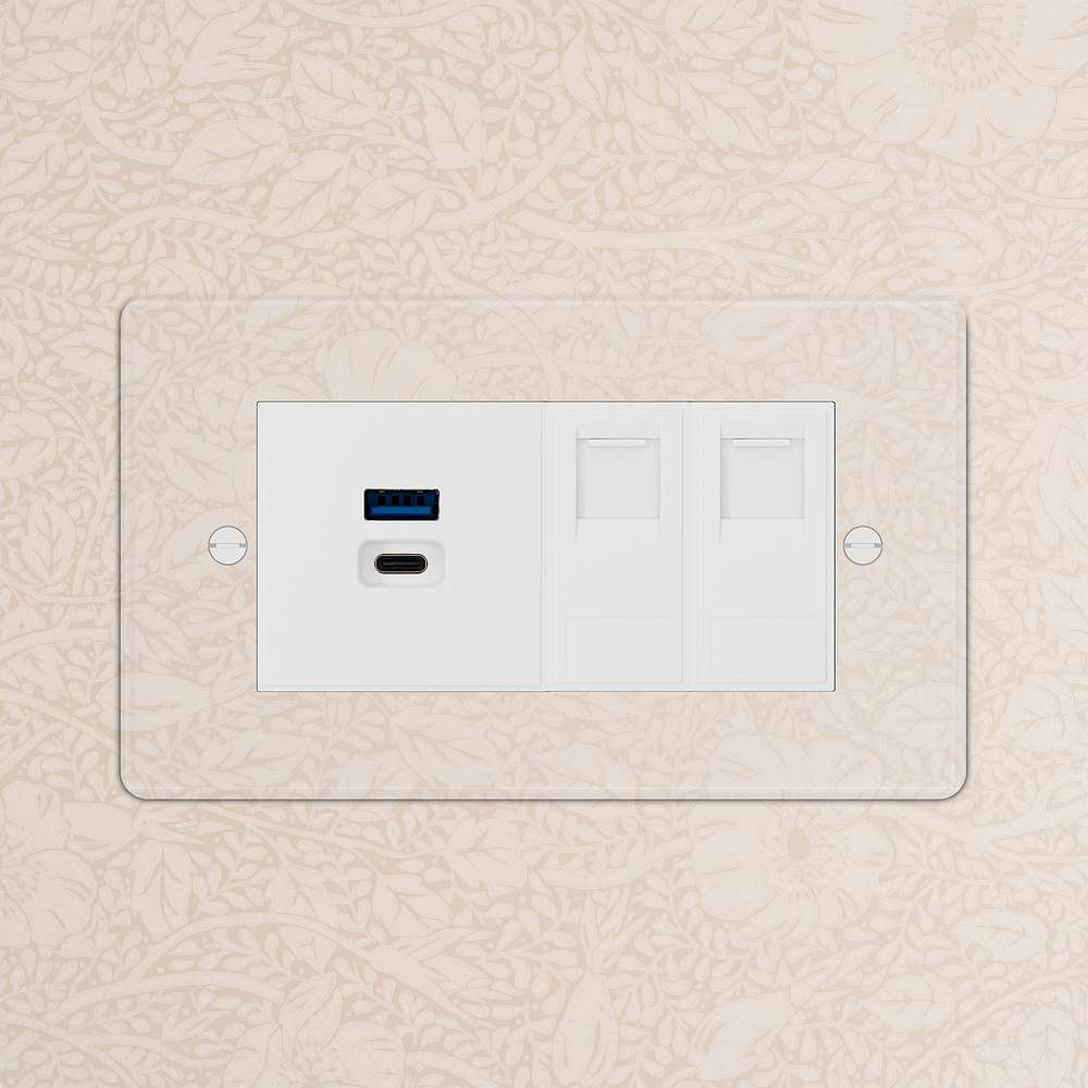 Double 2x CAT6 & USB-A+C Fast Charge Socket - Clear | White