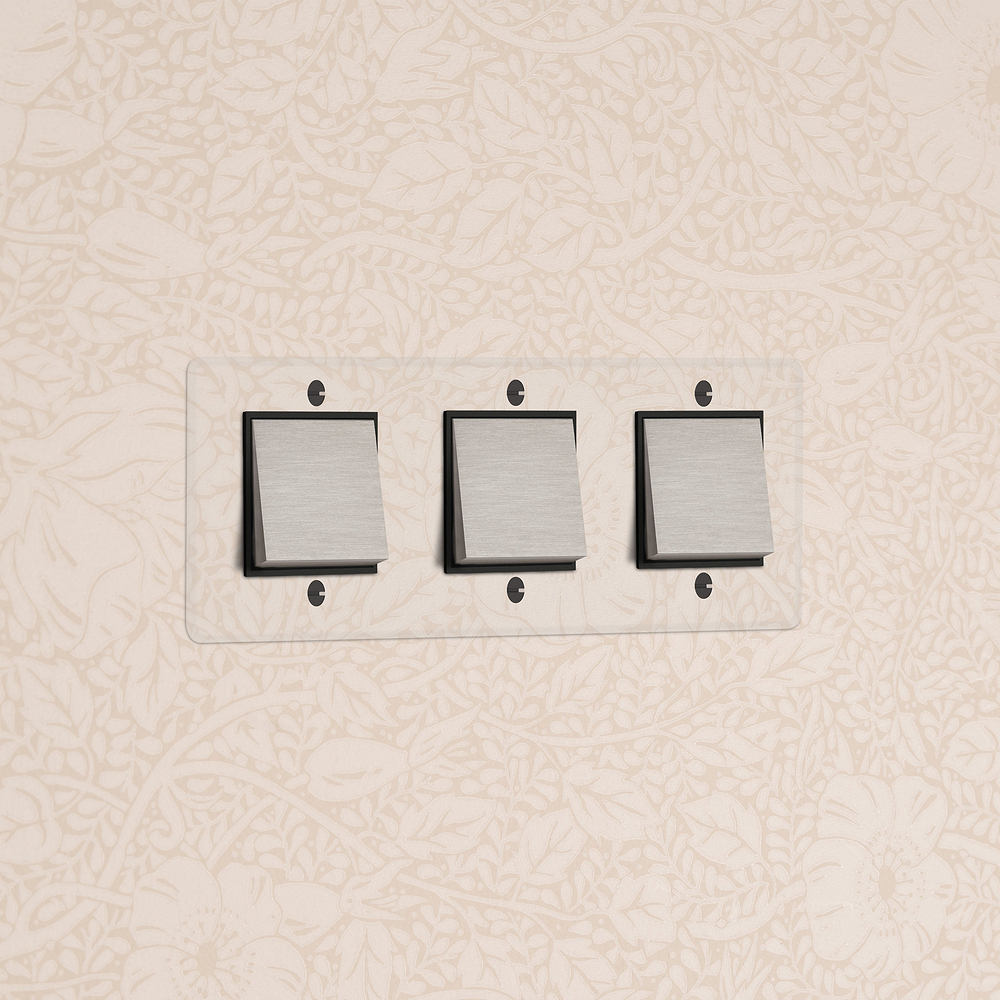 Kew Interrupteur Carré x3 (Plaque Triple) – Nickel Satiné à Transparence | Noir