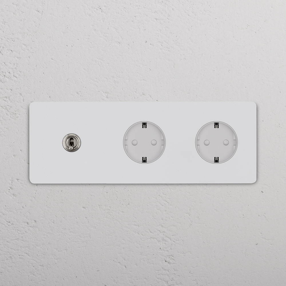 Grove Triple Toggle Switch & 2x Schuko Type F Socket – Paintable Polished Nickel | White