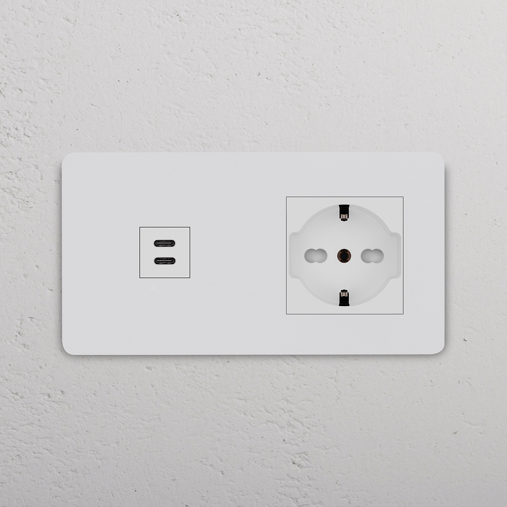 Grove USB-C-Anschluss (30 W) + SchuKo-/Bipasso-Steckdoseneinsatz je 1x in Zweifachrahmen – Lackierbar | Weiss