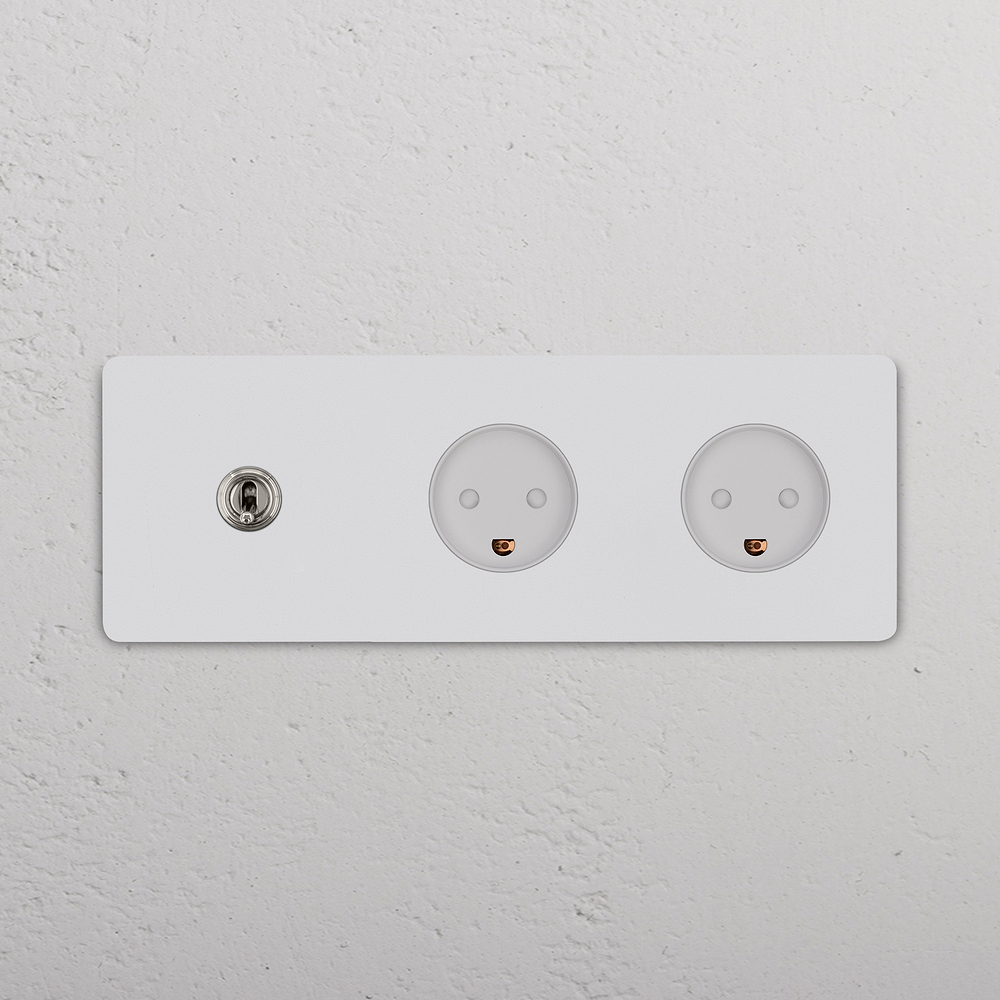 Grove Interruptor de palanca triple y 2 enchufes daneses tipo K – Níquel pulido y pintable | Blanco