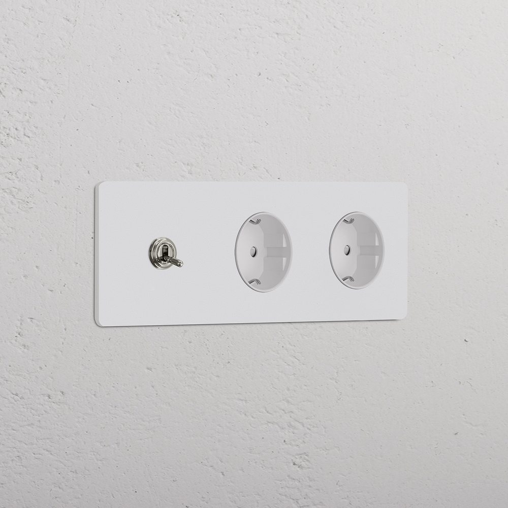 Grove Interruptor de palanca triple y 2 enchufes Schuko tipo F – Níquel pulido y pintable | Blanco