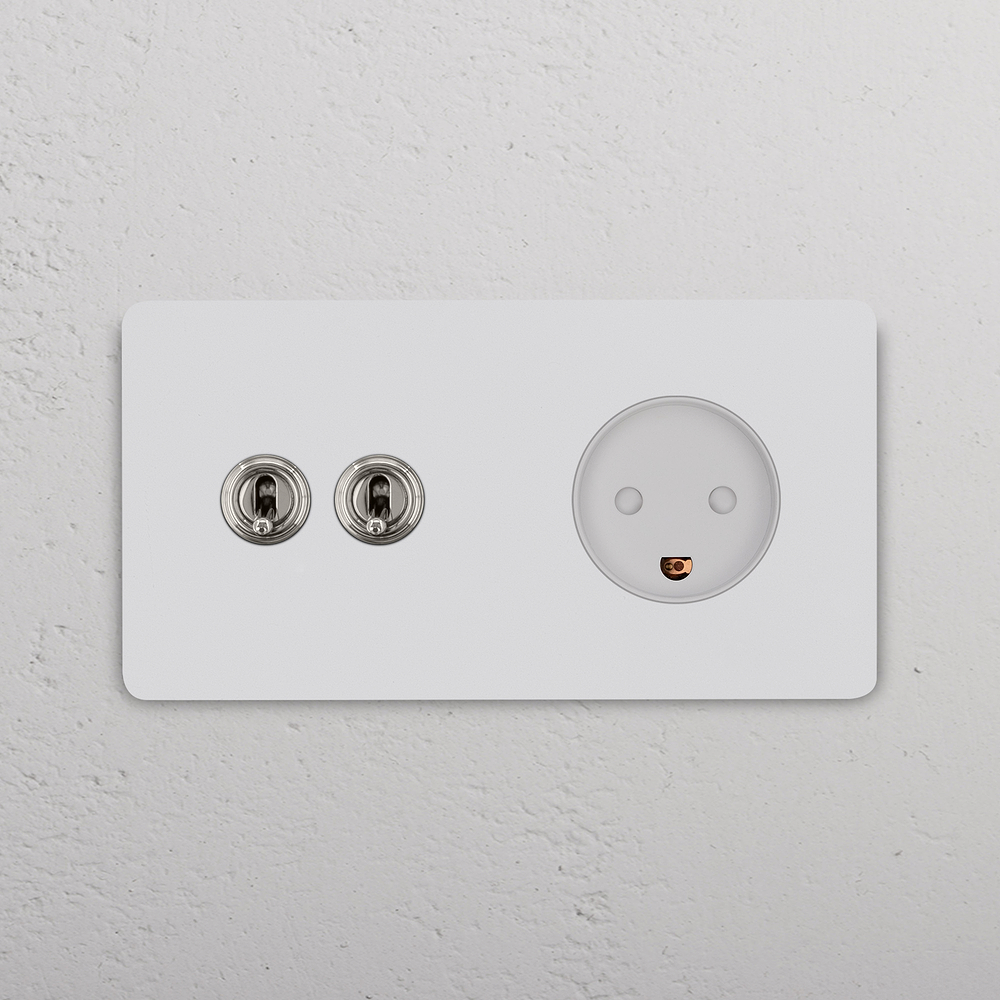 Grove Interruptor de palanca doble (2x) y enchufe danés tipo K – Níquel pulido y pintable | Blanco