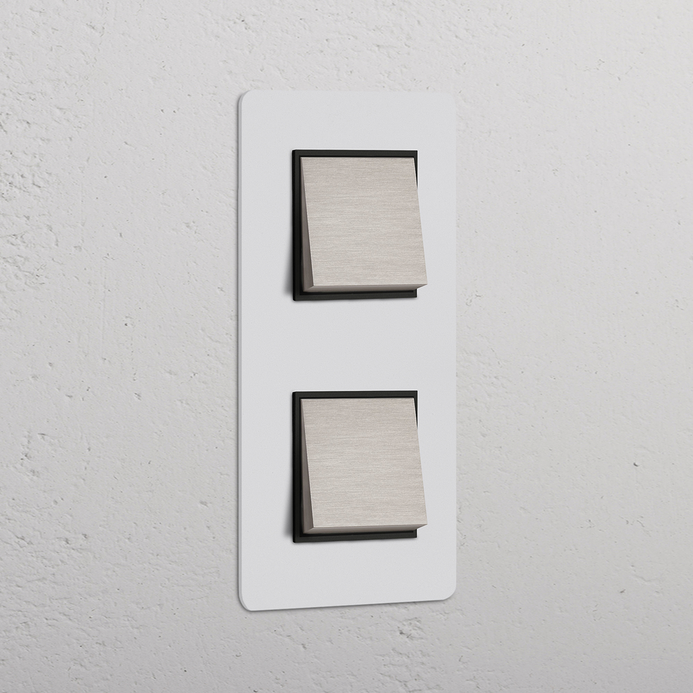 Kew Interrupteur Carré Vertical x2 (Plaque Double) – Nickel Satiné à Peindre | Noir