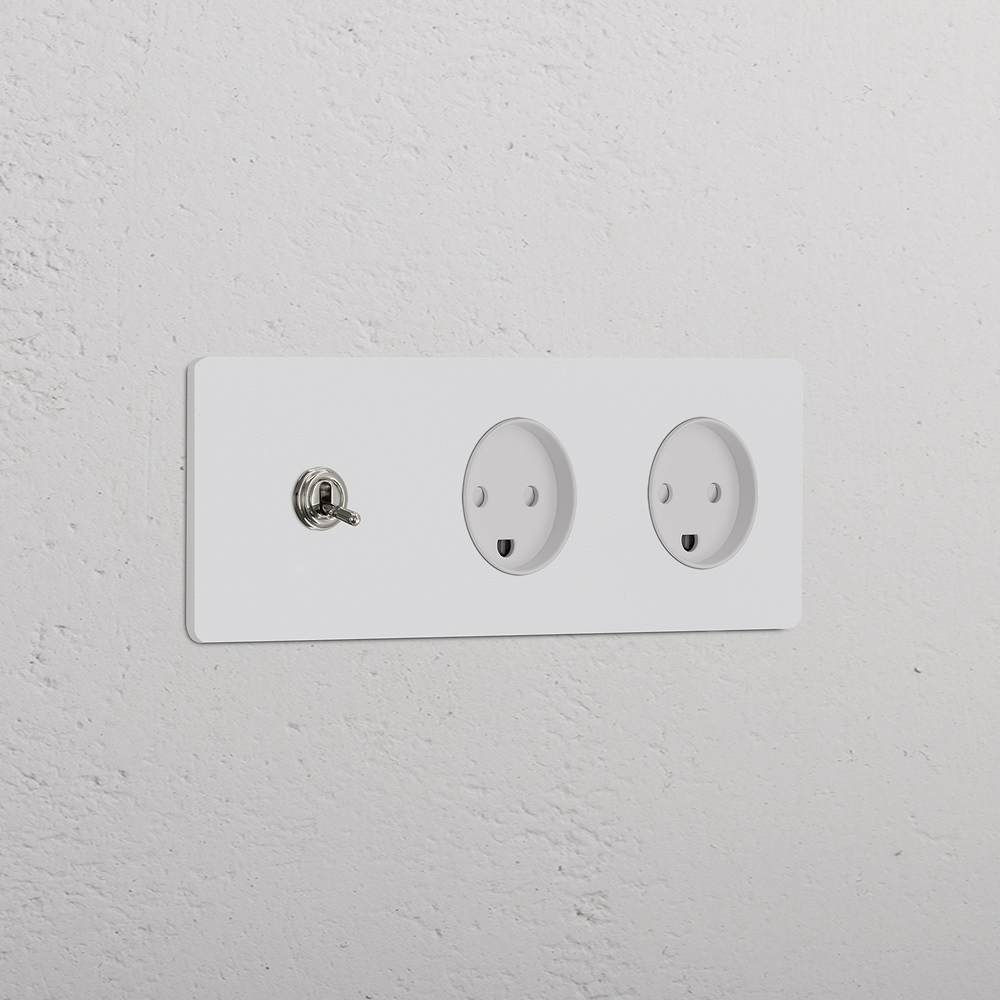 Grove Interruptor de palanca triple y 2 enchufes daneses tipo K – Níquel pulido y pintable | Blanco