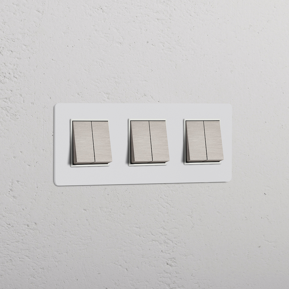 Kew Wippschalter 6x in Dreifachrahmen – Lackierbar + Satinnickel | Weiss