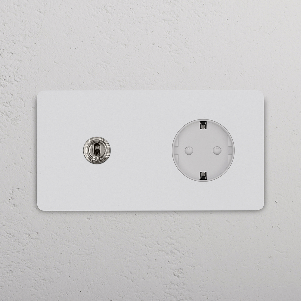 Grove Double Toggle Switch & Schuko Type F Socket – Paintable Polished Nickel | White