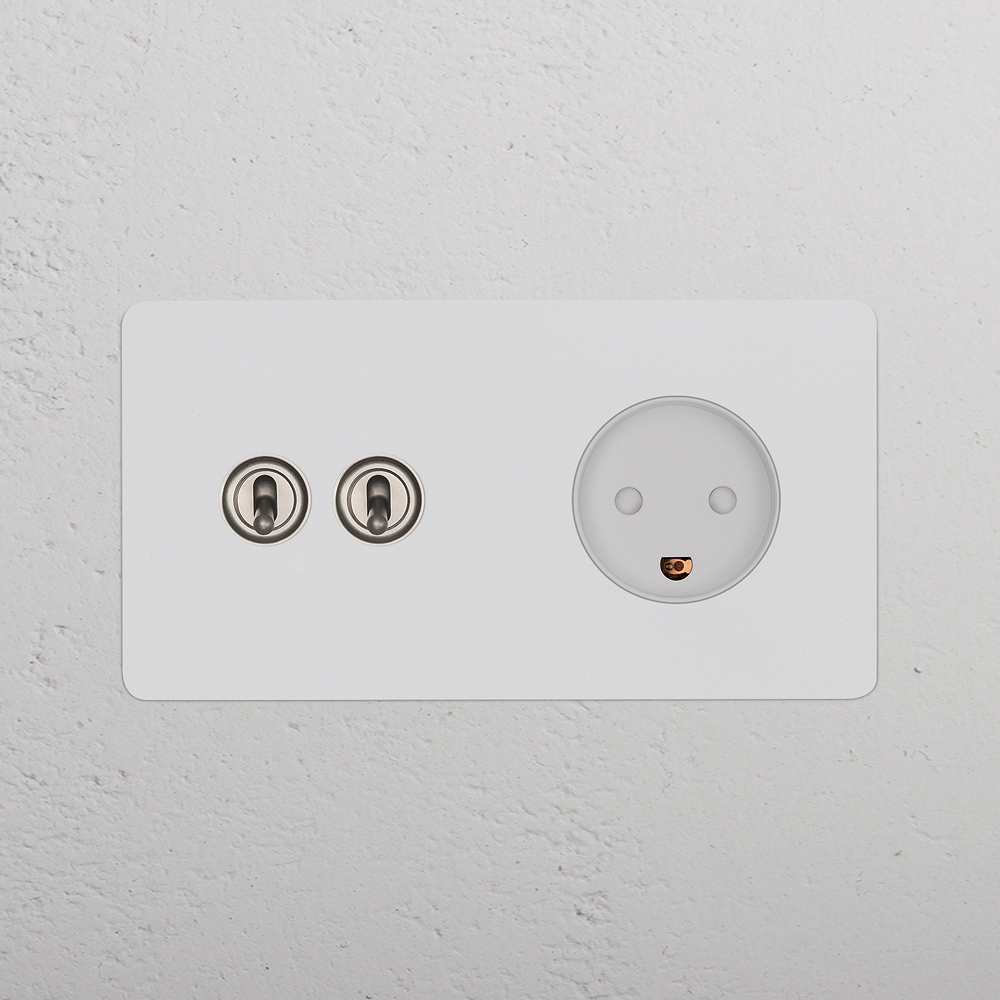 Double 2x Toggle Switch + Danish Type K Power Module - Satin Nickel White - Paintable