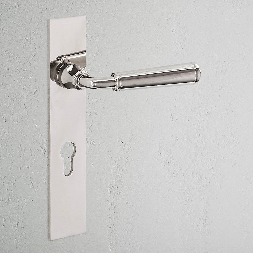 Digby Long Plate Sprung Door Handle & Euro Lock - Polished Nickel