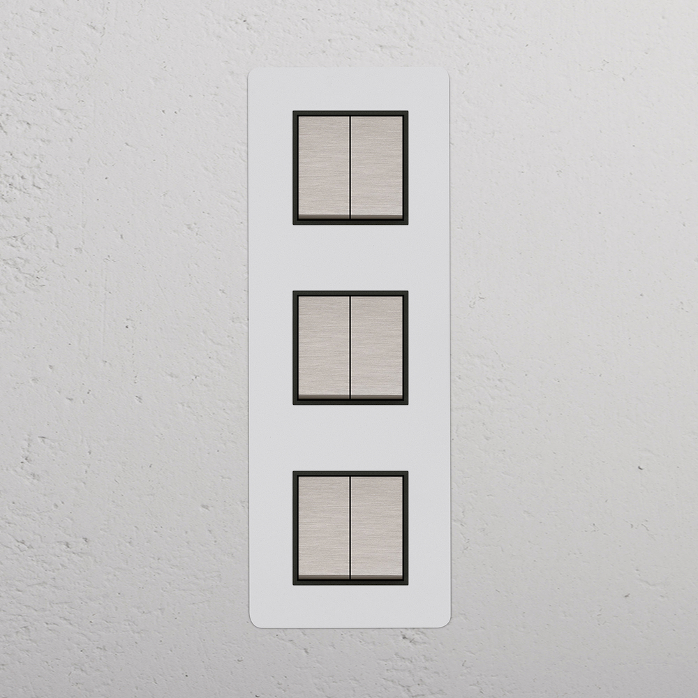 Kew Interrupteur Carré Vertical x6 (Plaque Triple) – Nickel Satiné à Peindre | Noir