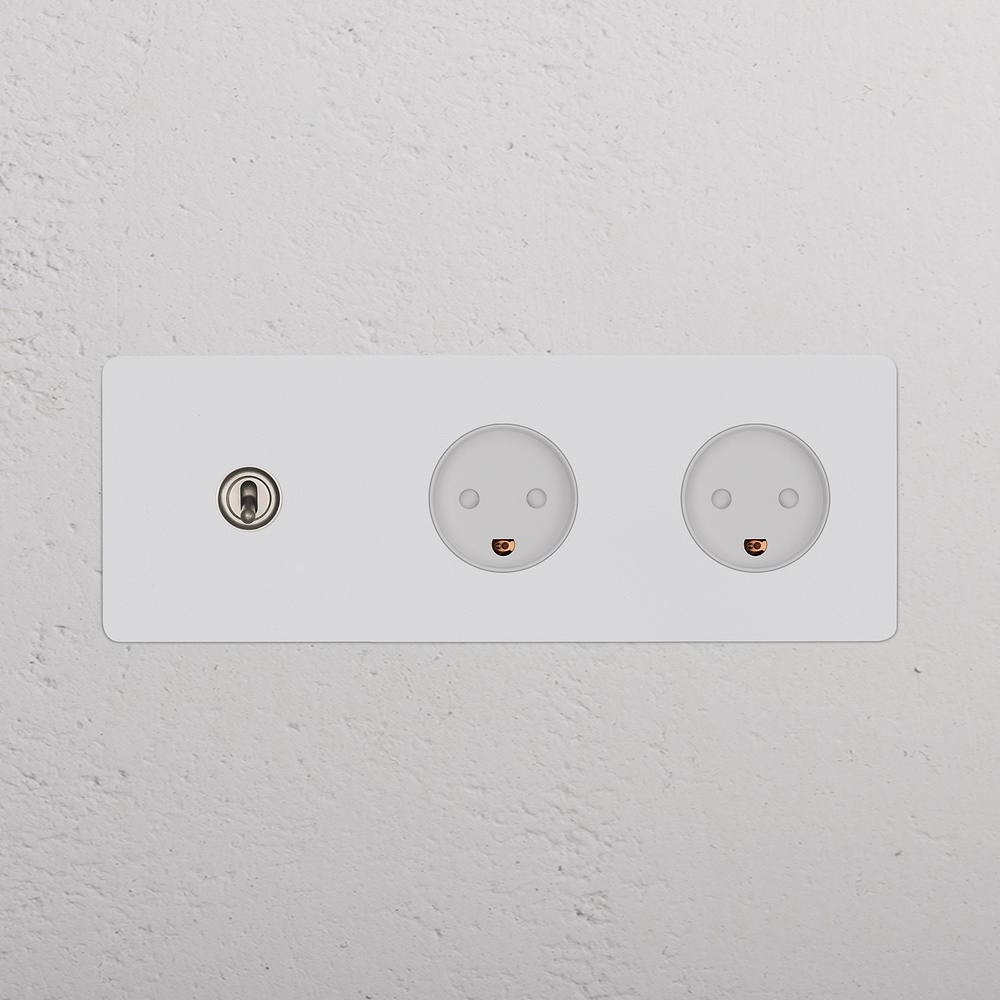 Triple Toggle Switch + 2x Danish Type K Power Module - Satin Nickel White - Paintable