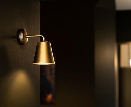 Brass wall-mounted lamp on a dark wall
