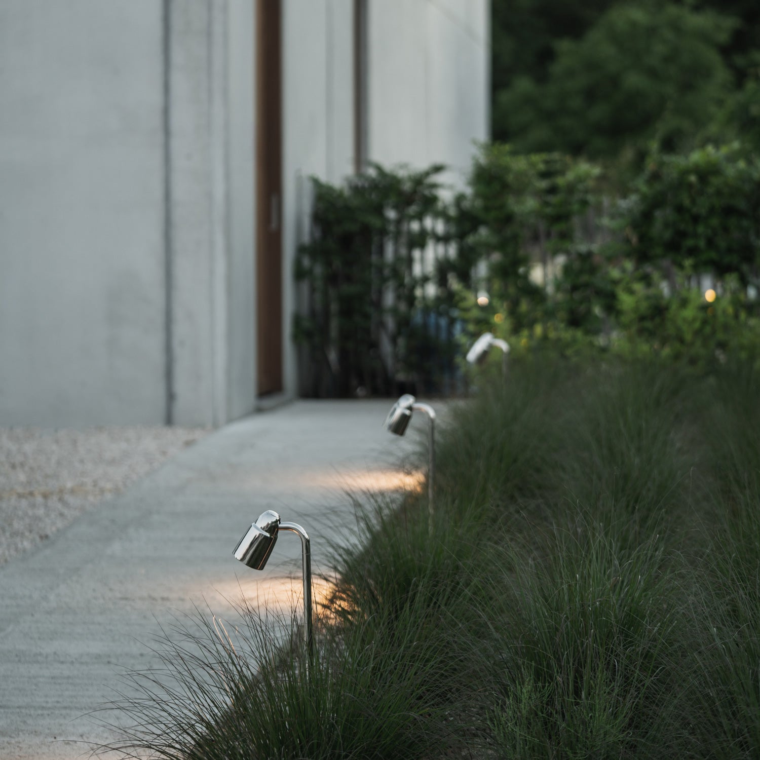 A modern pathway lined with sleek outdoor lights, leading to a minimalistic concrete building surrounded by lush greenery.