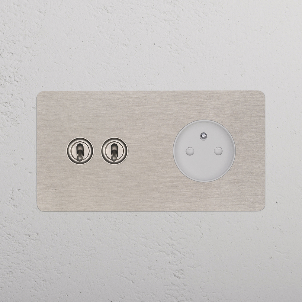 Kew Double 2x Toggle & French/Belgian Type E Socket – Satin Nickel | White