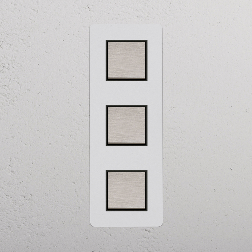 Kew Interrupteur Carré Vertical x3 (Plaque Triple) – Nickel Satiné à Peindre | Noir