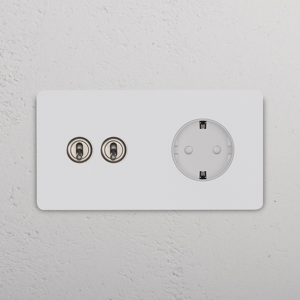 Grove Double 2x Toggle Switch + Schuko Type F Power Module - Paintable Satin Nickel White