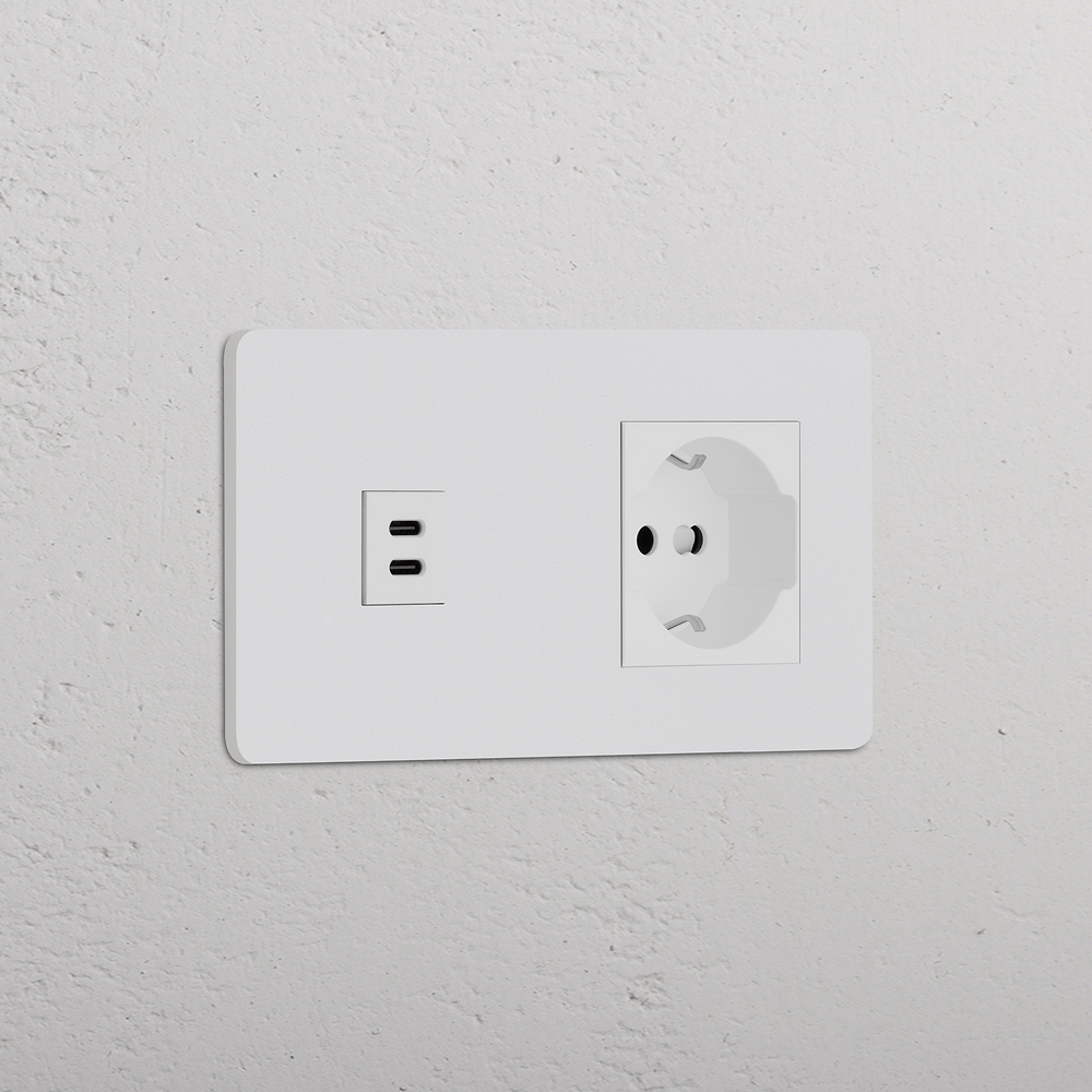 Grove USB-C-Anschluss (30 W) + SchuKo-/Bipasso-Steckdoseneinsatz je 1x in Zweifachrahmen – Lackierbar | Weiss