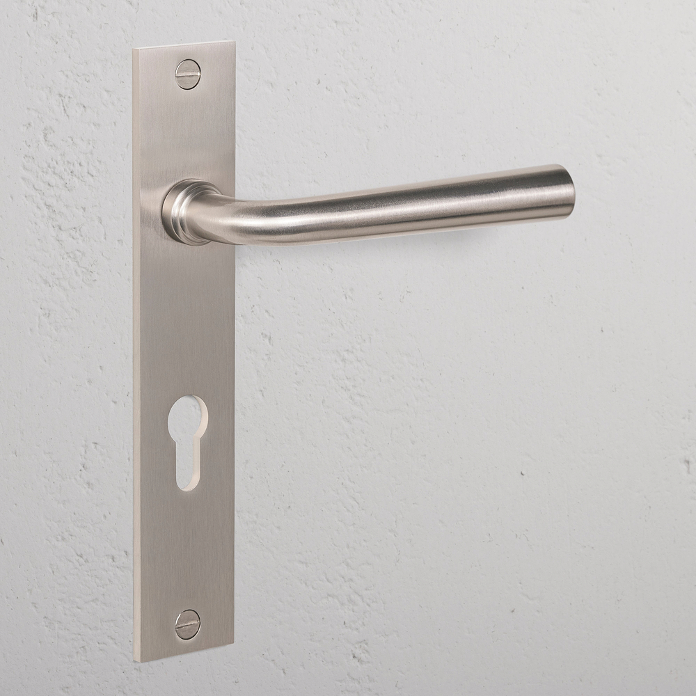 Apsley Long Plate Sprung Door Handle & Euro Lock – Satin Nickel