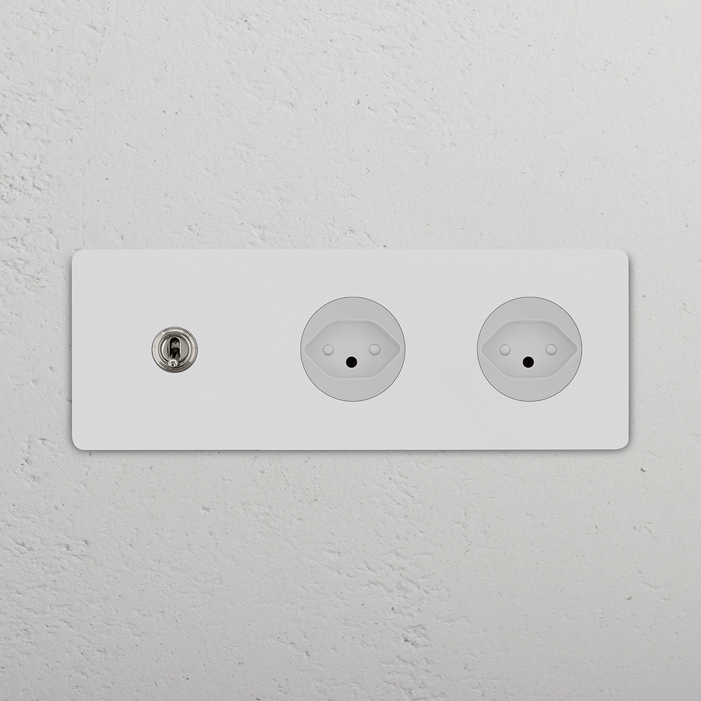 Grove Triple Toggle Switch & 2x Swiss Type J Socket – Paintable Polished Nickel | White