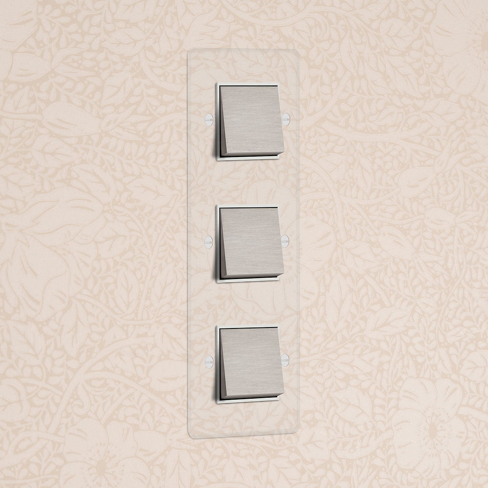 Kew Interrupteur Carré Vertical x3 (Plaque Triple) – Nickel Poli à Transparence | Blanc