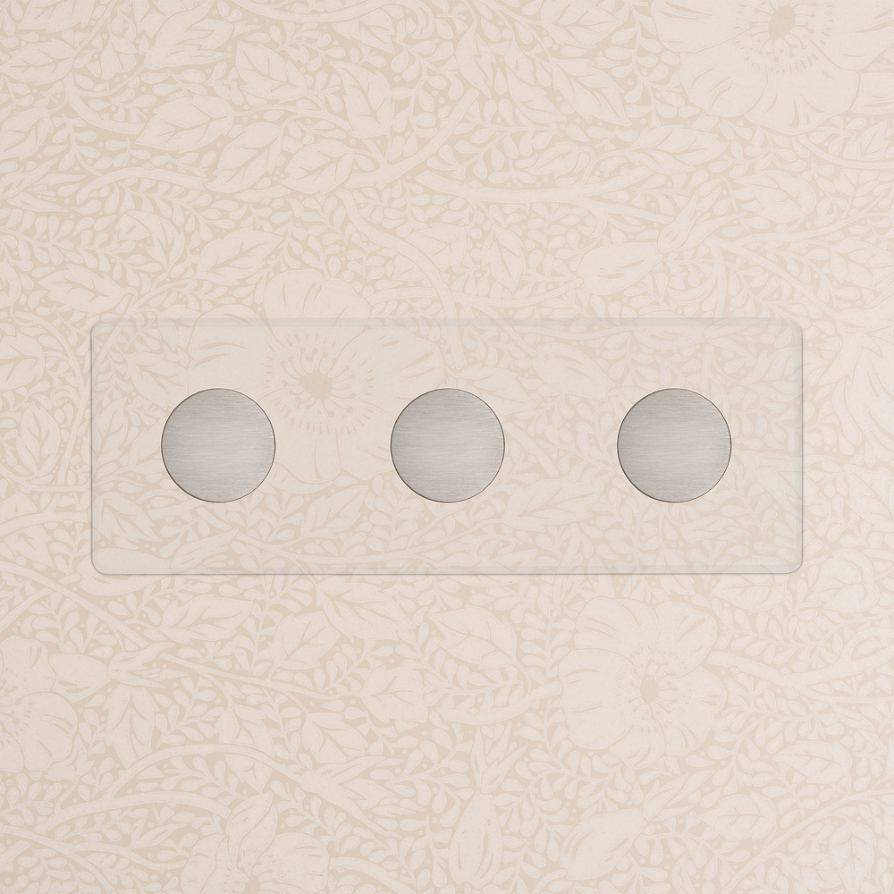 Kew Drehdimmschalter 3x in Dreifachrahmen – Transparent + Satinnickel