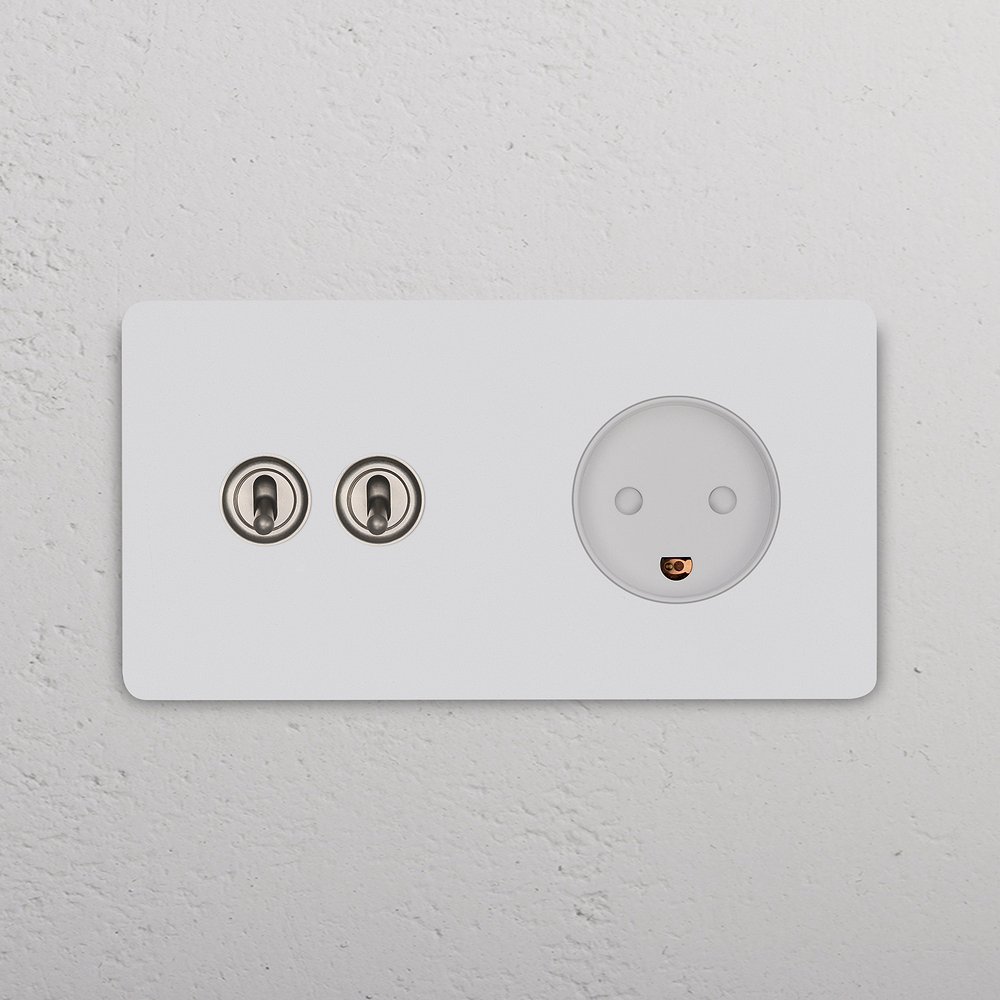 Grove Double 2x Toggle Switch + Danish Type K Power Module - Paintable Satin Nickel White