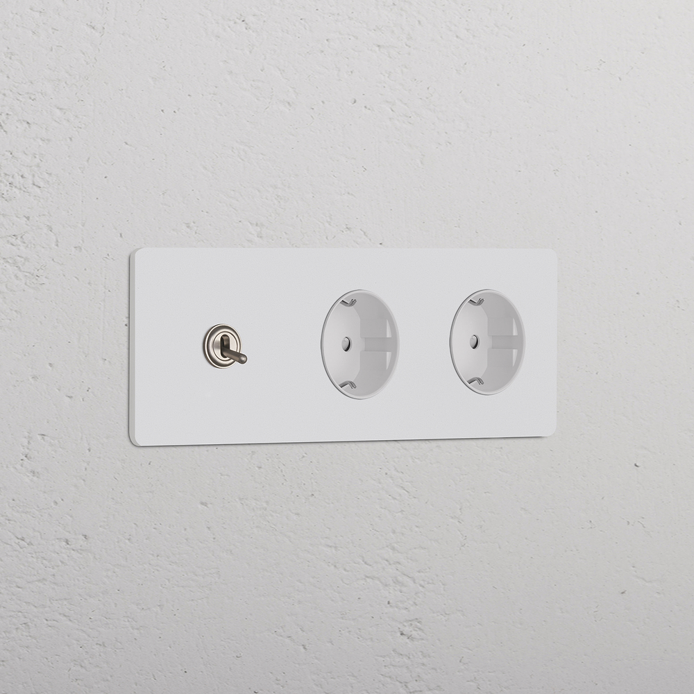 Grove Dreifach-Kipphebelschalter & 2x Schuko-Steckdose Typ F – Lackierbar + Satinnickel | Weiß