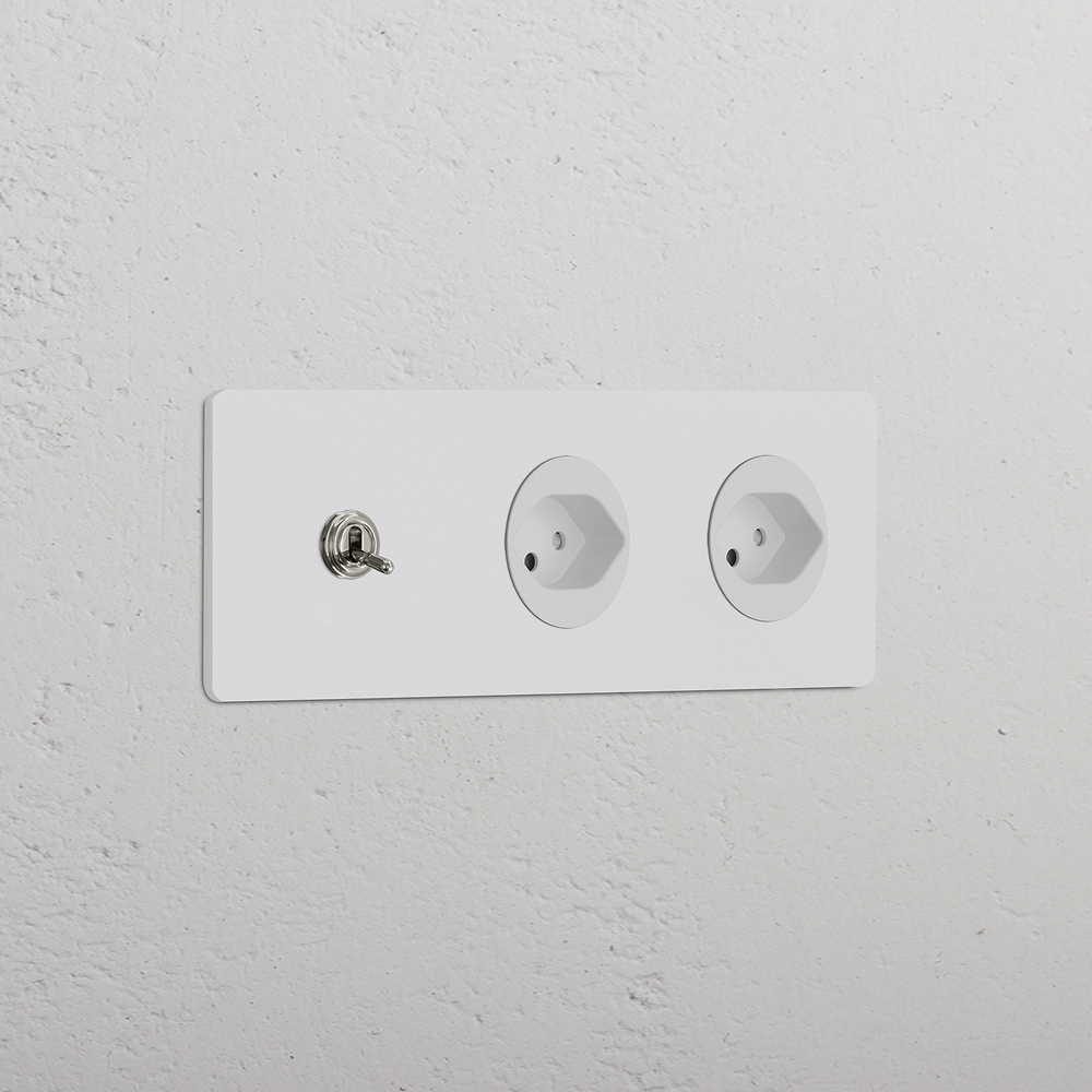 Grove Triple Toggle Switch & 2x Swiss Type J Socket – Paintable Polished Nickel | White