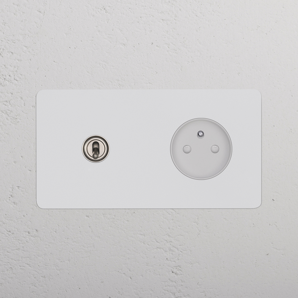 Double Toggle Switch + French/Belgian Type E Power Module - Satin Nickel White - Paintable