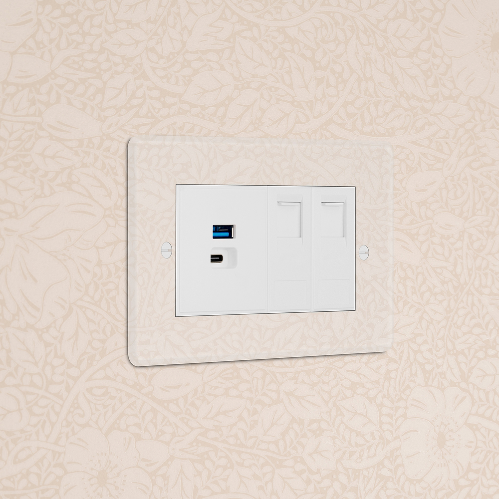 Double 2x CAT6 & USB-A+C Fast Charge Socket - Clear | White